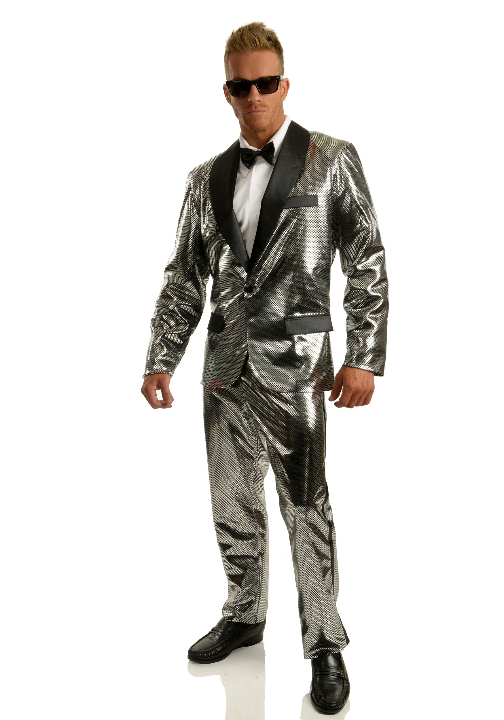 Charades Men's Silver Disco Ball Tuxedo Costume 3 Charades Men's Silver Disco Ball Tuxedo Costume